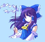 1girl alternate_color ascot blue_background blue_bow blue_shirt bow closed_mouth detached_sleeves frown gohei hair_bow hair_tubes hakurei_reimu highres holding holding_gohei long_hair long_sleeves looking_at_viewer official_alternate_color purple_hair ribbon-trimmed_sleeves ribbon_trim shirt simple_background solo touhou violet_eyes white_sleeves wide_sleeves yellow_ascot zawabug 