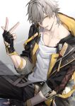 1boy artist_name belt black_coat black_gloves black_pants caelus_(honkai:_star_rail) cellphone chain coat collarbone collared_coat commentary fingerless_gloves fingernails gloves gold_chain gradient_background grey_background grey_belt grey_hair hair_between_eyes highres holding holding_phone honkai:_star_rail honkai_(series) hood hooded_coat long_sleeves looking_at_viewer male_focus open_mouth pants phone pocket_watch shirt short_hair simple_background sitting smartphone solo sonomi symbol-only_commentary t-shirt tassel teeth tongue trailblazer_(honkai:_star_rail) two-tone_coat w watch white_background white_shirt yellow_coat yellow_eyes 