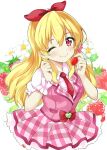  1girl aikatsu! aikatsu!_(series) blonde_hair blush bow closed_mouth collared_shirt commentary_request food frilled_skirt frills fruit hair_between_eyes hair_bow hairband highres holding holding_food holding_fruit hoshimiya_ichigo kawahara_natsuki long_hair looking_at_viewer necktie one_eye_closed pink_skirt pink_vest puffy_short_sleeves puffy_sleeves red_eyes red_necktie shirt short_sleeves skirt smile solo strawberry vest white_shirt wrist_cuffs 