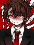  ! !! black_jacket bright_pupils brown_hair collared_shirt commentary_request employee_(lobotomy_corporation) jacket lobotomy_corporation looking_at_viewer male_focus necktie portrait project_moon red_background red_eyes red_necktie scared shirt short_hair shot_(urem) suit sweat white_pupils white_shirt 