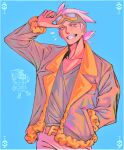  absurdres belt_buckle blue_background buckle dawillie friede_(pokemon) fur_trim goggles hair_over_one_eye hand_in_pocket hand_up highres jacket long_sleeves male_focus open_clothes open_jacket pokemon pokemon_(anime) pokemon_horizons smile white_hair yellow_eyes 