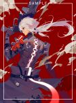  1boy absurdres black_sclera colored_sclera grey_hair gun hair_between_eyes handgun highres holding holding_gun holding_weapon huge_weapon image_sample long_hair mechanical_arms mechanical_parts pixiv_sample punishing:_gray_raven red_background red_eyes roland_(punishing:_gray_raven) weapon xe367 