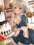  2girls apron blue_dress blue_eyes blue_hair braid cake day dress food fruit frying_pan grey_hair hat highres indoors izayoi_sakuya kitchen maid_apron maid_headdress medium_hair mob_cap multiple_girls puffy_short_sleeves puffy_sleeves red_eyes remilia_scarlet short_sleeves smile strawberry striped striped_dress thigh-highs touhou twin_braids waist_apron wheat_retzel white_apron window 