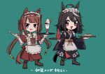  2girls :p ahoge alternate_costume animal_ears brown_hair chibi commentary_request desert enmaided food fried_rice full_body green_background hair_between_eyes hair_ornament hair_rings highres horse_ears horse_tail kitasan_black_(umamusume) kudach_i looking_at_viewer maid maid_headdress multiple_girls shoes simple_background spoon sweep_tosho_(umamusume) tail tongue tongue_out translation_request tray twintails umamusume violet_eyes wa_maid 