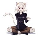  1other androgynous animal_ears cat_ears cat_tail chimera_ant curly_hair full_body hunter_x_hunter indian_style joints long_sleeves looking_at_viewer neferpitou other_focus ribbed_shorts short_hair simple_background sitting smile solo straight-on tail takbamm violet_eyes white_background white_hair 