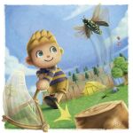  1boy animal_crossing balloon black_footwear blonde_hair blue_sky border bug butterfly_net cicada clouds english_commentary gift giulliano_kenzo green_eyes hand_net highres holding holding_butterfly_net male_focus pine_tree pitfall rock shirt short_hair shorts signature sky smile striped striped_shirt tent tree tree_stump villager_(animal_crossing) water waterfall white_border yellow_shorts 