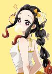  1girl absurdres back black_hair braid chewing_gum crop_top earrings flower_earrings food fruit hair_bun hair_ornament highres jewelry kamado_nezuko kimetsu_no_yaiba lemon long_hair multicolored_hair pink_eyes ponytail pori_(kmt_pori) shirt skirt white_shirt yellow_background yellow_skirt 