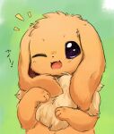  :3 animal_focus blush commentary ears_down eevee fluffy green_background hands_up happy highres ingi light_blush looking_at_viewer neck_fur no_humans notice_lines one_eye_closed open_mouth pokemon pokemon_(creature) simple_background sketch smile solo translated upper_body violet_eyes 