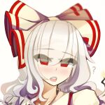  1girl ? blush bow burnt_clothes burnt_hair close-up commentary crying fire fujiwara_no_mokou hair_bow kaliningradg long_hair open_mouth red_eyes shirt solo streaming_tears tears teeth touhou upper_teeth_only white_hair white_shirt 