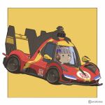  1girl animal_ears black_eyes blunt_bangs border bow car chibi driving ferrari ferrari_499p gold_ship_(umamusume) grey_hair hair_bow horse_ears kayatsu_urotoma looking_up motor_vehicle purple_bow race_vehicle racecar solo twitter_username umamusume vehicle_focus white_border world_endurance_championship yellow_background 