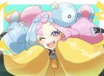  1girl ;d asamaru1225 blue_hair blush bow-shaped_hair character_hair_ornament commentary_request eyelashes grey_shirt hair_ornament highres iono_(pokemon) jacket long_hair looking_at_viewer multicolored_hair one_eye_closed open_mouth pink_hair pokemon pokemon_(game) pokemon_sv shirt smile solo teeth tongue two-tone_hair upper_body upper_teeth_only violet_eyes yellow_jacket 