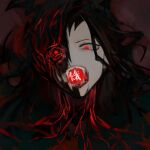  1girl black_hair blood blood_vessels elena_(project_moon) fangs library_of_ruina long_hair long_sleeves nishikujic open_mouth portrait project_moon red_eyes solo tongue vampire 
