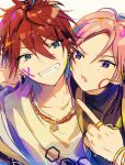  2boys amagi_rinne blue_eyes bracelet commentary_request earrings ensemble_stars! facepaint hair_between_eyes hexagon highres hoop_earrings index_finger_raised jewelry looking_at_another male_focus mma_runn multiple_boys necklace open_mouth oukawa_kohaku partial_commentary pink_hair redhead ring short_hair smile teeth upper_body violet_eyes white_background 