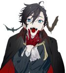  1boy ascot bat_(animal) black_hair blue_hair buttons cape fangs gloves hagiwara_daisuke hair_between_eyes halloween_costume hori-san_to_miyamura-kun lapels long_sleeves looking_at_viewer male_focus miyamura_izumi notched_lapels open_mouth red_gloves short_hair simple_background solo teeth upper_body white_ascot white_background 