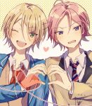  2boys blonde_hair blue_jacket blush collared_shirt commentary_request diagonal-striped_necktie ensemble_stars! green_eyes heart heart_hands heart_hands_duo jacket lapels long_sleeves looking_at_viewer male_focus mma_runn multiple_boys necktie notched_lapels one_eye_closed open_clothes open_jacket open_mouth oukawa_kohaku partial_commentary pink_hair red_necktie school_uniform shiratori_aira_(ensemble_stars!) shirt short_hair upper_body violet_eyes yumenosaki_school_uniform 