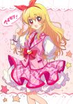  1girl :d aikatsu! aikatsu!_(series) blonde_hair blush bow collared_shirt copyright_name frilled_skirt frills hair_between_eyes hair_bow hairband highres hoshimiya_ichigo huwarinn99 idol_clothes index_finger_raised long_hair looking_at_viewer necktie open_mouth petticoat pink_background pink_skirt pink_vest puffy_short_sleeves puffy_sleeves red_bow red_eyes red_hairband red_necktie shirt short_sleeves skirt smile solo speech_bubble star_(symbol) vest wrist_cuffs 