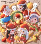  1girl 4boys :o absurdres antlers barefoot bell bird_footprints bird_legs black_hair brown_background brown_eyes candy candy_cane chibi christmas christmas_wreath closed_eyes deer deer_antlers doujo_(onmyoji) food full_body grey_hair hat highres holding holding_candy holding_candy_cane holding_food holding_hairband horns japanese_clothes kariginu kurodouji long_hair long_sleeves looking_at_another merry_christmas multiple_boys oguna_(onmyoji) on_floor onmyoji pants profile puffy_pants red_eyes red_headwear red_pants red_skirt redhead santa_costume santa_hat shirodouji sitting skirt smile striped striped_headwear striped_pants striped_skirt vertical-striped_headwear vertical-striped_pants vertical-striped_skirt vertical_stripes white_hair wide_sleeves wings yellow_eyes yi_er_san yuki_douji_(onmyoji) 