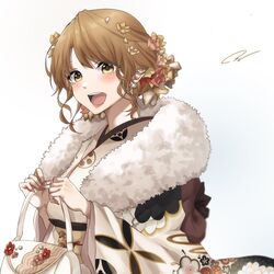  1girl bag blush brown_hair flower fur-trimmed_kimono fur_trim furisode hair_flower hair_ornament handbag highres holding holding_bag isshiki_iroha japanese_clothes kimono light_(lightpicture33) obi open_mouth sash short_hair signature simple_background solo upper_body white_kimono yahari_ore_no_seishun_lovecome_wa_machigatteiru. yellow_eyes 