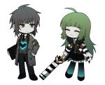  1boy 1girl :3 ahoge aqua_necktie armband black_coat black_footwear black_necktie black_pants black_skirt black_vest chibi chinese_commentary closed_eyes closed_mouth coat collared_shirt commentary_request e.g.o_(project_moon) employee_(lobotomy_corporation) fur-trimmed_coat fur_trim garter_straps gradient_legwear green_eyes green_hair grey_coat grey_hair grey_vest hand_in_pocket heart holding holding_notebook holding_sword holding_weapon jitome lobotomy_corporation long_hair long_sleeves miniskirt necktie no_nose notebook open_clothes open_coat pants project_moon red_armband shirt short_hair simple_background skirt smile smoke_(killscreen_s) sword thigh-highs vest weapon white_background white_shirt 