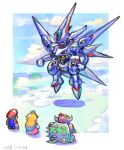  1girl 2boys blonde_hair bowser clouds commentary_request floating from_behind full_body hat highres long_hair mario mecha multiple_boys oomasa_teikoku princess_peach robot spiked_shell super_mario_bros. super_mario_rpg white_background xenogears xenogears_(mecha) 