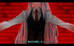  1girl angela_(project_moon) backlighting black_vest blue_hair coat collared_shirt head_out_of_frame lab_coat library_of_ruina long_hair long_sleeves necktie nishikujic one_side_up outstretched_arms project_moon red_background red_necktie shirt solo spoilers very_long_hair vest white_coat white_shirt 