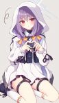  1girl atsuko_(blue_archive) blue_archive blush dress full_body halo heart heart_hands highres hood hoodie kneehighs looking_at_viewer plate_carrier purple_hair red_eyes ribbon shoes simple_background sitting socks solo thighs tsuzaki_tsunomi twintails white_dress white_hoodie white_socks 