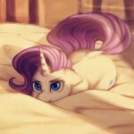  1girl bed_sheet blue_eyes docnyaka highres horns indoors looking_at_viewer my_little_pony my_little_pony:_friendship_is_magic on_bed purple_hair rarity single_horn solo unicorn white_fur 