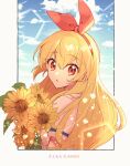  1girl aikatsu! aikatsu!_(series) blonde_hair blue_sky bouquet bow clouds commentary_request flower hair_between_eyes hair_bow hairband highres holding holding_bouquet holding_flower hoshimiya_ichigo kaji_sayaka_(chouchou387) long_hair looking_at_viewer open_mouth red_bow red_eyes red_hairband sky solo sunflower upper_body yellow_flower 