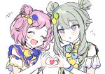  2girls :d blush closed_eyes commentary_request dot_nose green_hair hair_up heart heart_hands heart_hands_duo kusanagi_nene long_hair low_tied_sidelocks multiple_girls official_alternate_costume official_alternate_hairstyle ootori_emu open_mouth pink_hair pjmiyo project_sekai short_hair short_sleeves simple_background smile smile_of_dreamer_(project_sekai) upper_body violet_eyes white_background yuri 