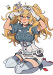  1girl blonde_hair blue_eyes blue_shirt breast_pocket breasts crossed_bandaids emoji gambier_bay_(kancolle) gloves hairband hands_on_own_head headgear highres kantai_collection long_hair medium_breasts one-hour_drawing_challenge open_mouth pocket shirt short_sleeves sidelocks simple_background sitting solo sumoffu tears thigh-highs twintails twitter_username white_background 