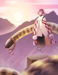  1girl alternate_costume animal ball blue_hair clouds cloudy_sky flower giant_snake hair_flower hair_ornament medium_hair mountain mountainous_horizon onbashira oversized_animal pink_sky red_eyes rope sandals shi_o_musubi shimenawa sky solo sun touhou yasaka_kanako 