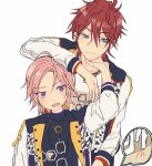  2boys amagi_rinne arm_on_another&#039;s_head blue_eyes closed_mouth commentary_request dot_nose earrings ensemble_stars! jacket jewelry long_sleeves looking_at_another male_focus mma_runn multiple_boys necklace open_clothes open_jacket open_mouth oukawa_kohaku partial_commentary pink_hair redhead short_hair tiptoes upper_body violet_eyes white_background 