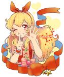  1girl aikatsu! aikatsu!_(series) alternate_costume blonde_hair bow character_name dated finger_to_mouth food food_print fruit grin hair_bow hairband heart hoshimiya_ichigo kumo_suzume long_hair looking_at_viewer one_eye_closed pink_bow red_bow red_eyes red_hairband shirt shushing smile solo star_(symbol) strawberry strawberry_print upper_body wrist_cuffs 