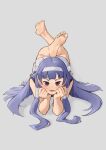  1girl absurdres aiharararara barefoot blue_hair blush feet grey_background hands_on_own_face headband highres kannagi long_hair lying nagi_(kannagi) on_stomach open_mouth simple_background soles solo the_pose toes violet_eyes 