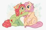  2girls feathered_wings flower fluttershy from_side green_fur hair_flower hair_ornament mionn multiple_girls my_little_pony my_little_pony:_friendship_is_magic open_mouth pegasus pink_hair pony_(animal) redhead simple_background tree_hugger white_flower wings yellow_fur 