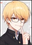  1boy bespectacled black_border blonde_hair border buttons closed_mouth commentary gakuran glasses gradient_hair ichigo_ichie_na_hyakki_yagyou!?_(project_sekai) index_finger_raised looking_at_viewer male_focus multicolored_hair official_alternate_costume official_alternate_hairstyle orange_eyes orange_hair panprika project_sekai school_uniform short_hair solo tenma_tsukasa 