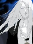  1boy alternate_hair_color black_jacket blue_eyes collarbone fate/grand_order fate_(series) flapper_shirt highres jacket jewelry long_hair looking_at_viewer male_focus medallion necklace no_eyewear open_clothes open_jacket oumifate1 shirt solo tezcatlipoca_(fate) upper_body white_hair white_shirt 