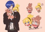  ! 1boy 2girls aegis_(persona) animal_ears black_pants black_skirt blonde_hair blue_eyes blush_stickers bow bowtie brown_background brown_hair cardigan chibi cowboy_shot crying crying_with_eyes_open earrings full_body gekkoukan_high_school_uniform grey_eyes hair_over_one_eye hairband highres holding jacket jewelry joints medium_hair multiple_girls multiple_views open_clothes open_jacket open_mouth pants parted_bangs persona persona_3 pink_cardigan rabbit_ears rabbit_girl red_bow red_bowtie robot_joints school_uniform shirt short_hair size_difference skirt sleeping stud_earrings takeba_yukari tears white_shirt yuuki_makoto yuyuy_00 