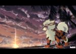 animal_focus arcanine beach clouds cloudy_sky fang letterboxed no-goku_(penicillium) no_humans open_mouth orange_eyes outdoors palm_tree pokedex_number pokemon pokemon_(creature) scenery sky striped_fur sunset tree wading water_drop 