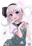 1girl :d absurdres artist_name black_bow black_bowtie black_hairband blouse blue_eyes blunt_bangs blunt_ends bob_cut bow bowtie breasts commentary floral_background flower ghost green_skirt green_vest hair_bow hairband head_tilt highres konpaku_youmu konpaku_youmu_(ghost) looking_at_viewer open_mouth own_hands_together pink_background pleated_skirt puffy_short_sleeves puffy_sleeves rital shirt short_hair short_sleeves signature skirt small_breasts smile solo steepled_fingers touhou twitter_username upper_body vest w_arms white_background white_flower white_hair white_shirt 