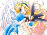  1girl alice_(alicesoft) alicesoft angel_wings apron artist_request bird black_bow black_bowtie blonde_hair blue_dress blue_eyes blue_hairband blush bow bowtie check_artist dress feathered_wings feathers floating_hair hairband long_hair looking_at_viewer min-naraken non-web_source one_eye_closed open_mouth smile solo upper_body white_apron white_wings wings 