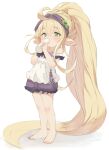  1girl absurdly_long_hair ahoge bare_shoulders barefoot blonde_hair blush commentary_request drinking full_body granblue_fantasy green_eyes hair_between_eyes harvin highres legs long_hair melissabelle mote_max pointy_ears ponytail simple_background solo standing toes very_long_hair white_background 