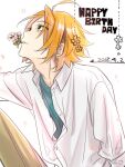  1boy collared_shirt commentary dated flower green_eyes hagiwara_daisuke happy_birthday hori-san_to_miyamura-kun long_sleeves looking_up male_focus open_collar orange_hair parted_lips partially_unbuttoned petals shindou_kouichi shirt short_hair solo white_shirt 