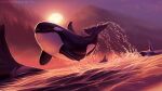  animal animal_focus artist_name dated highres katherinekei no_humans ocean orca original outdoors sky sunset water watermark 