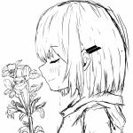  1girl blush closed_mouth crying flower greyscale hair_between_eyes hair_ornament hairclip highres holding holding_flower hood hoodie meeu0biss monochrome original portrait profile short_hair sidelocks simple_background smile solo tears white_background 