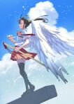  1girl akamatsu_ken angel angel_wings asymmetrical_bangs bird black_hair black_thighhighs blue_sky breasts brown_footwear clouds commentary concrete cumulonimbus_cloud day dress_shirt falling_feathers feathered_wings feathers floating_clothes floating_hair floating_neckwear flock from_side hair_tie hand_up highres holding holding_sword holding_weapon katana large_wings light_rays loafers long_hair looking_ahead mahou_sensei_negima! messy_hair necktie outdoors pleated_skirt profile red_necktie red_skirt sailor_collar sakurazaki_setsuna school_uniform sheath sheathed shirt shoes short_sleeves side_ponytail skirt sky small_breasts standing sword textless_version thigh-highs weapon white_feathers white_shirt wind wind_lift wings 