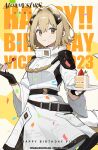  1girl 2023 absurdres alchemy_stars armor artist_request belt birthday_cake blonde_hair cake copyright eating english_text food fruit hair_ornament happy_birthday highres holding holding_plate official_art pauldrons plate short_hair shoulder_armor strawberry vice_(alchemy_stars) 