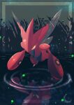  commentary_request flying framed full_body highres horns mizunogoke no_humans pokemon pokemon_(creature) reflection ripples scizor solo water yellow_eyes 