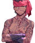  1boy angra_mainyu_(fate) arm_wrap bandana black_hair crossed_arms dark-skinned_male dark_skin facial_tattoo fate/hollow_ataraxia fate_(series) full-body_tattoo highres noko_morokoshi red_bandana solo tattoo topless_male yellow_eyes 