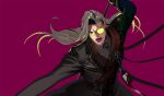  1boy black_coat coat fangs glasses grey_hair highres holding holding_polearm holding_weapon holostars holostars_english long_hair male_focus noir_vesper noir_vesper_(1st_costume) opaque_glasses open_mouth pako_(pakosun) partially_opaque_glasses pointy_ears polearm purple_background shirt striped striped_shirt violet_eyes virtual_youtuber weapon 